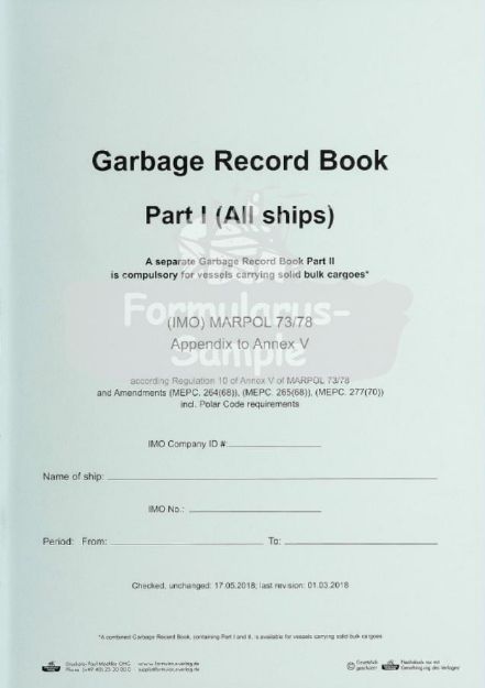 Garbage Record Book Part I ( General cargo / passenger vessels) - edition 1/3/2018